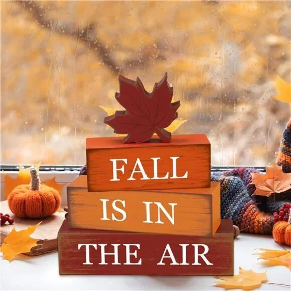 4 PCS Fall Maple Leaf Wooden Table Block Sign Thanksgiving Wood Tiered Tray - Picture 6 of 8